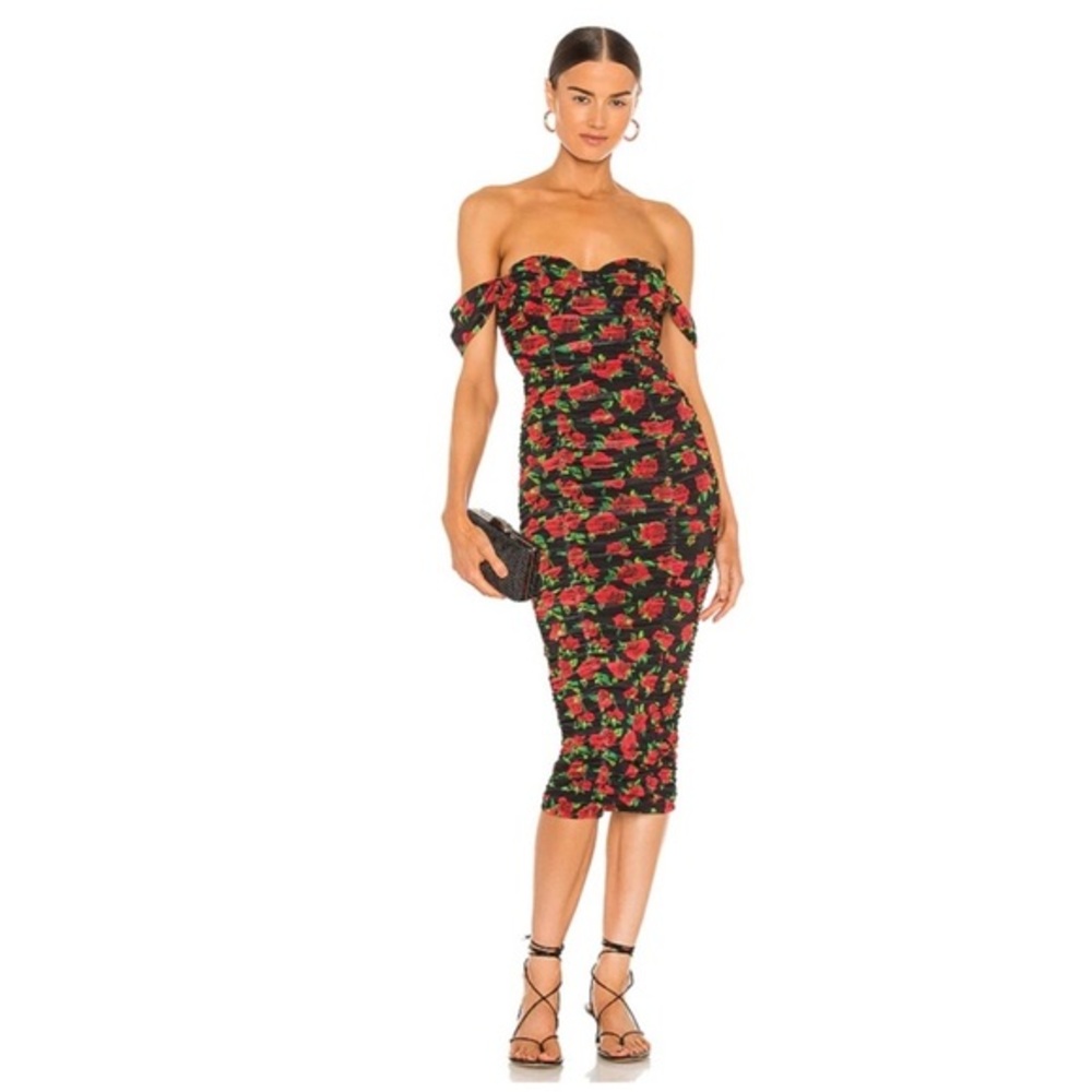 NBD Dress Robin Midi Ruched Off The Shoulder Bustier in Black Red Rose